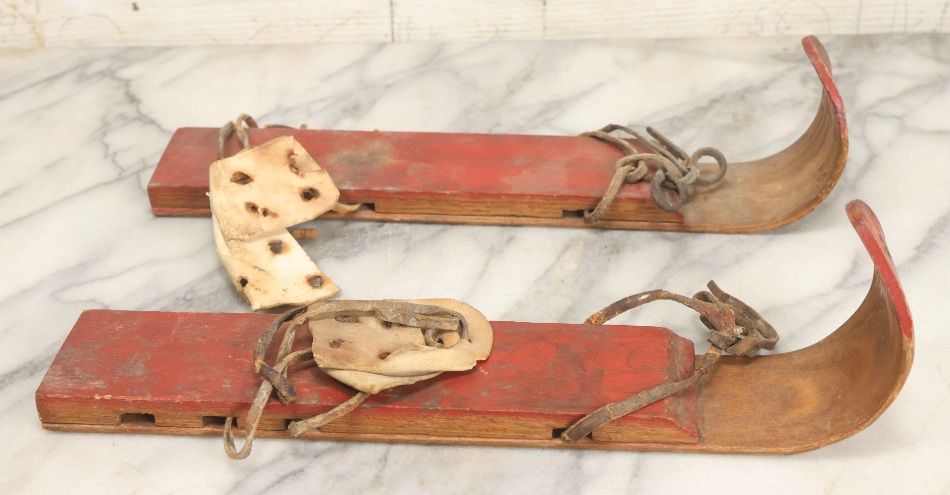 Lot 023 - Vintage Pair Of Children's Wooden Snow Skis Skates, F. D. Peters Co., Gloversville, New York, Circa 1920s 12-1/2" L Each
