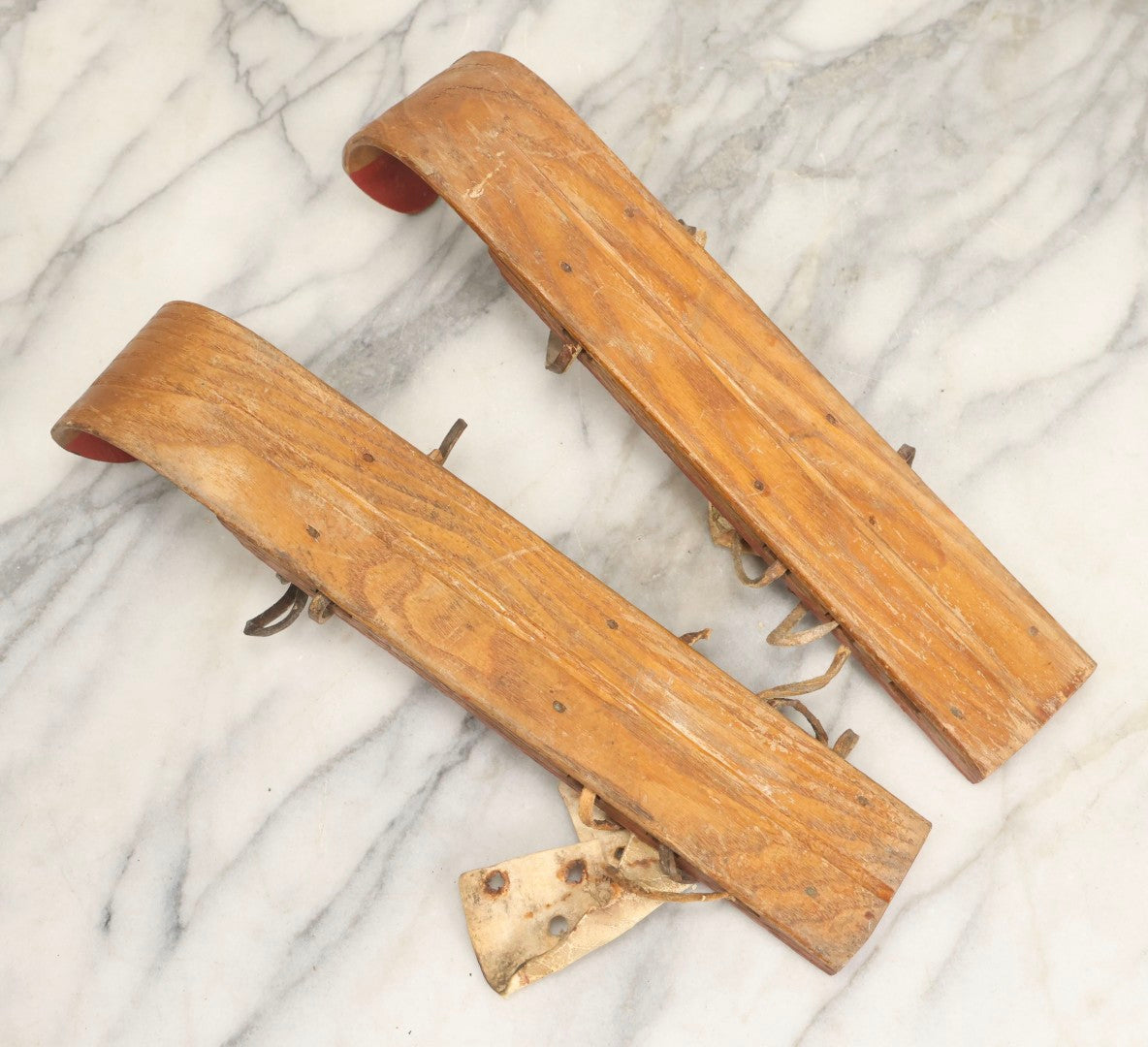 Lot 023 - Vintage Pair Of Children's Wooden Snow Skis Skates, F. D. Peters Co., Gloversville, New York, Circa 1920s 12-1/2" L Each