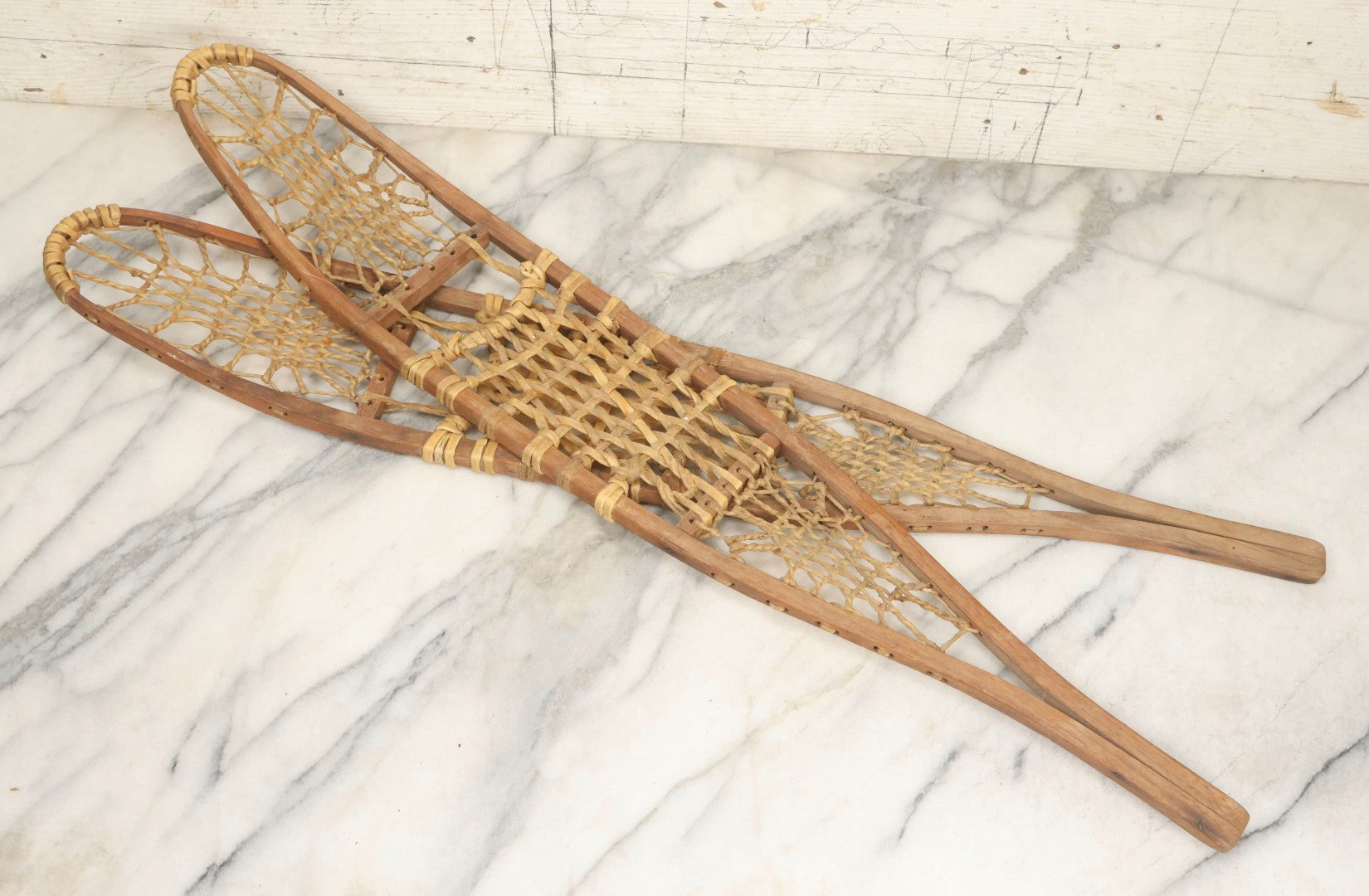 Lot 024 - Vintage Pair Of Children's Wooden Frame Snowshoes With Rawhide Webbing, 31" L Each