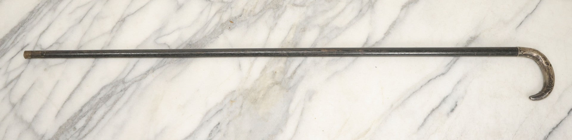 Lot 025 - Antique Black-Stained Wood Cane With Sterling Silver Handle Bearing Lion Passant Hallmark, 34-1/2" L