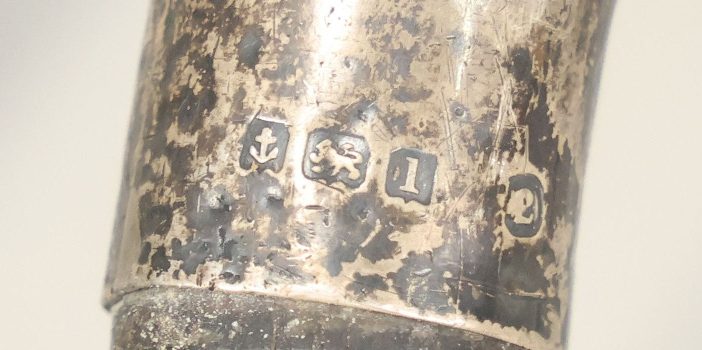 Lot 025 - Antique Black-Stained Wood Cane With Sterling Silver Handle Bearing Lion Passant Hallmark, 34-1/2" L