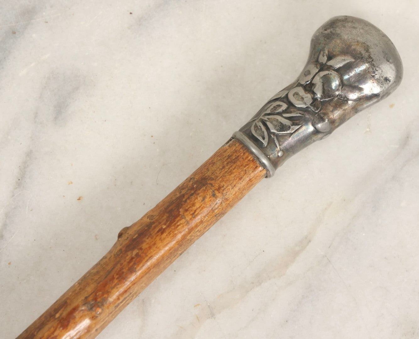 Lot 026 - Antique Branch Form Walking Cane With Silverplate Floral Handle, 34-1/4" L