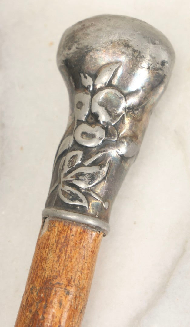 Lot 026 - Antique Branch Form Walking Cane With Silverplate Floral Handle, 34-1/4" L