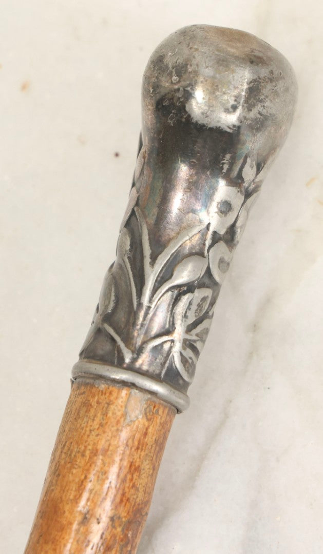 Lot 026 - Antique Branch Form Walking Cane With Silverplate Floral Handle, 34-1/4" L