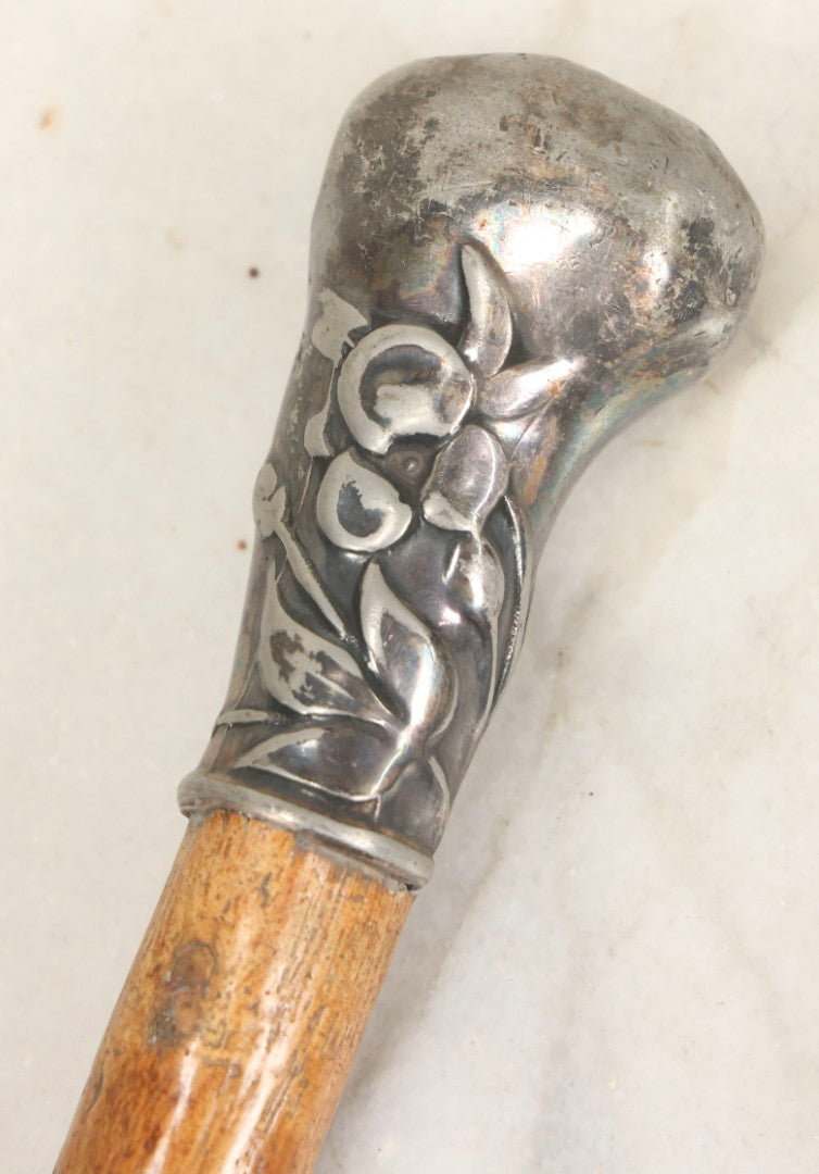 Lot 026 - Antique Branch Form Walking Cane With Silverplate Floral Handle, 34-1/4" L