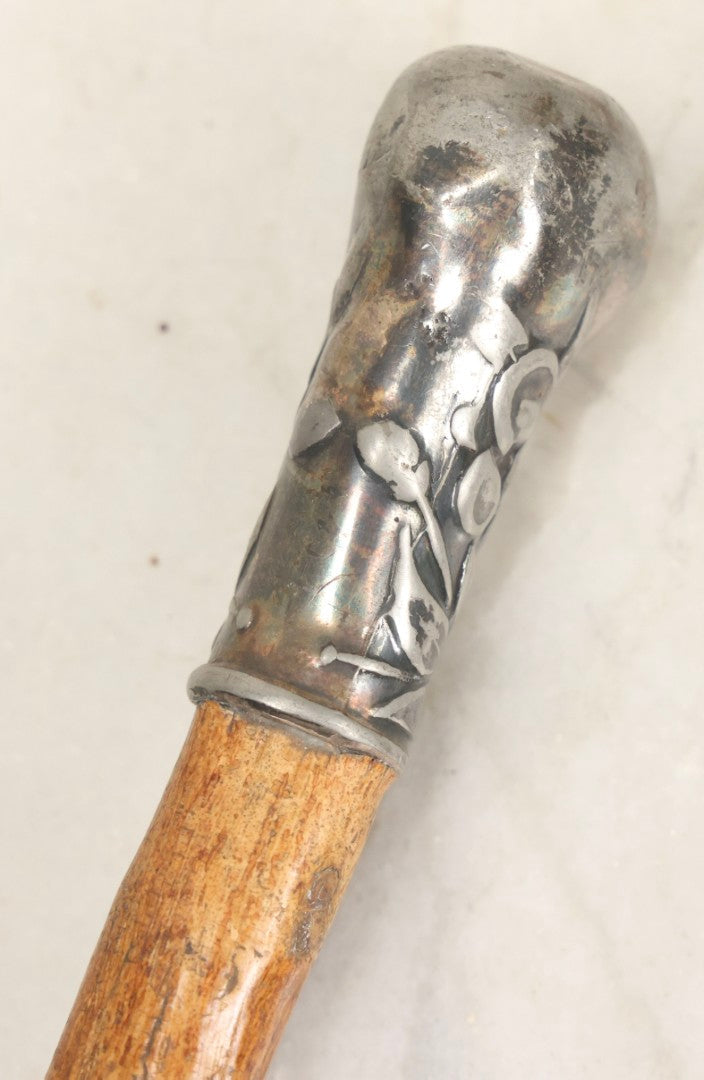 Lot 026 - Antique Branch Form Walking Cane With Silverplate Floral Handle, 34-1/4" L