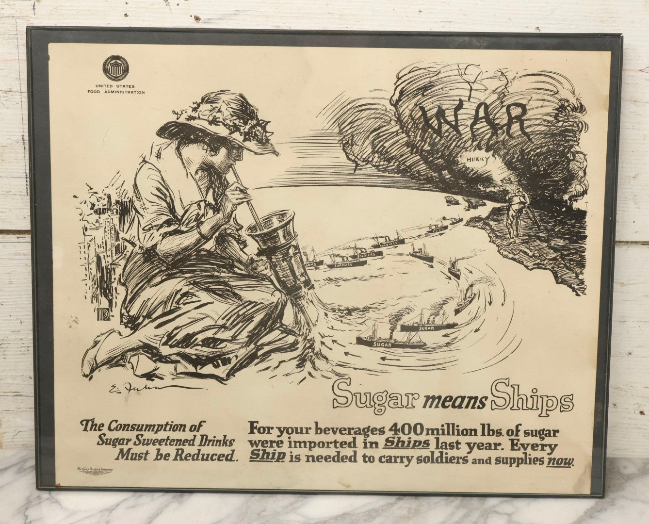Lot 028 - World War I Era United States Food Administration Propaganda Poster “Sugar Means Ships,” Carey Printing Company, New York, 20-1/4" x 16-1/4"