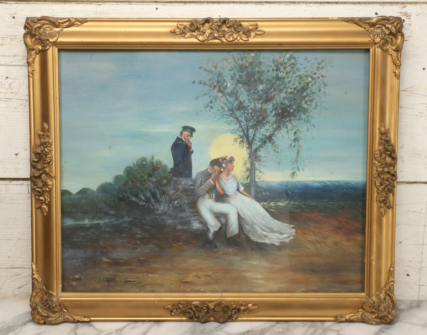 Lot 029 - Antique Ealry 20th Century Romantic Genre Scene Oil On Board, Sailor And Couple At Moonlit Seaside With Naval Officer, In Gilt Frame, 23-3/8" x 19-1/2"