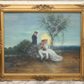 Lot 029 - Antique Ealry 20th Century Romantic Genre Scene Oil On Board, Sailor And Couple At Moonlit Seaside With Naval Officer, In Gilt Frame, 23-3/8" x 19-1/2"