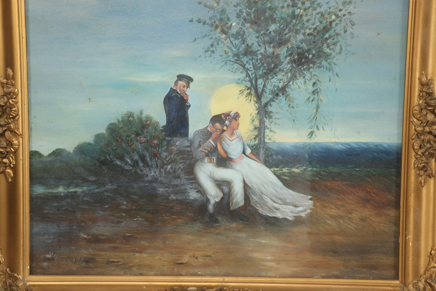 Lot 029 - Antique Ealry 20th Century Romantic Genre Scene Oil On Board, Sailor And Couple At Moonlit Seaside With Naval Officer, In Gilt Frame, 23-3/8" x 19-1/2"