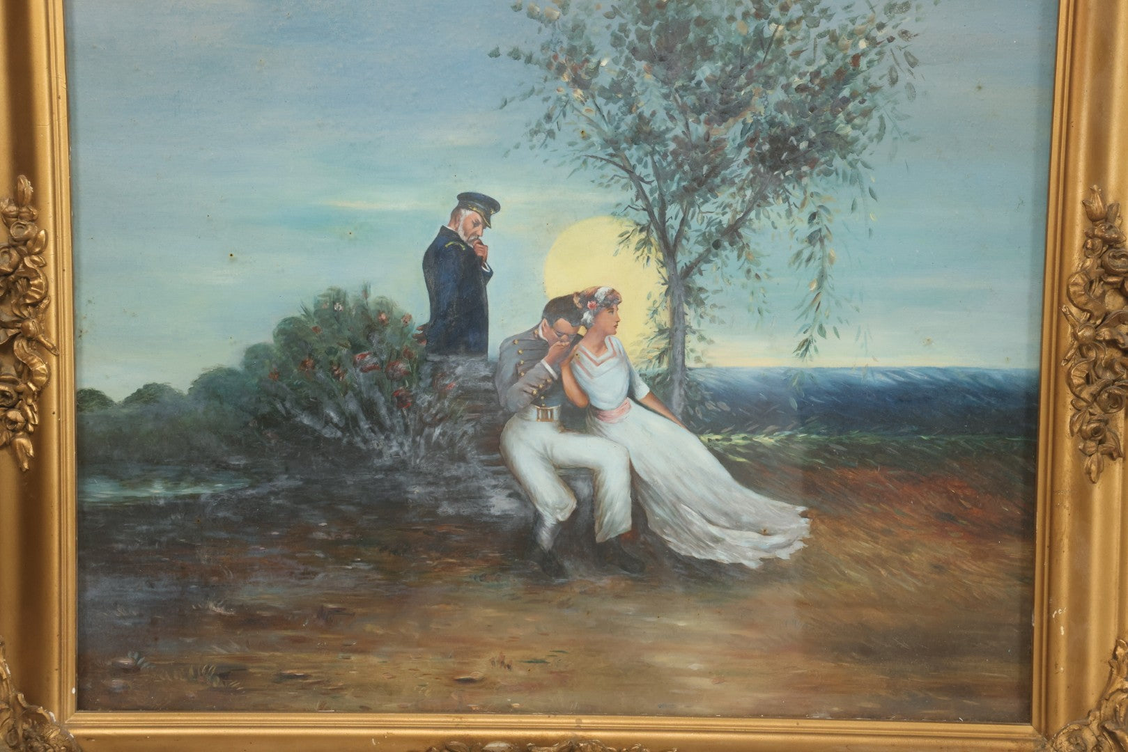 Lot 029 - Antique Ealry 20th Century Romantic Genre Scene Oil On Board, Sailor And Couple At Moonlit Seaside With Naval Officer, In Gilt Frame, 23-3/8" x 19-1/2"