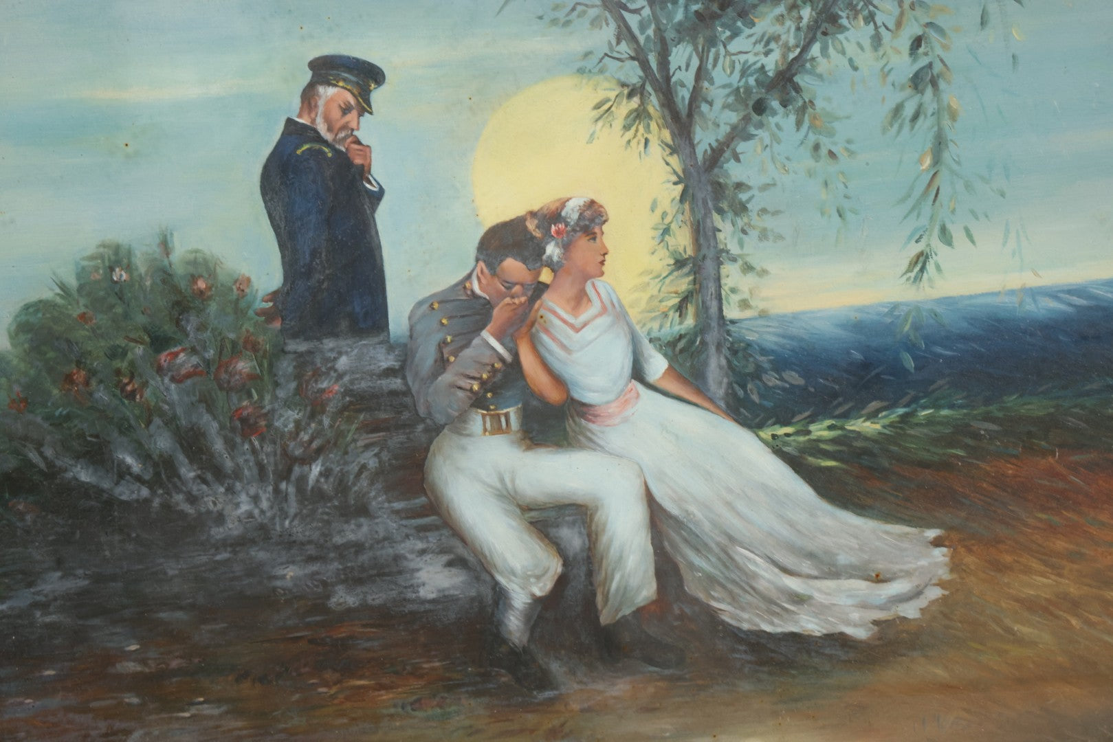 Lot 029 - Antique Ealry 20th Century Romantic Genre Scene Oil On Board, Sailor And Couple At Moonlit Seaside With Naval Officer, In Gilt Frame, 23-3/8" x 19-1/2"
