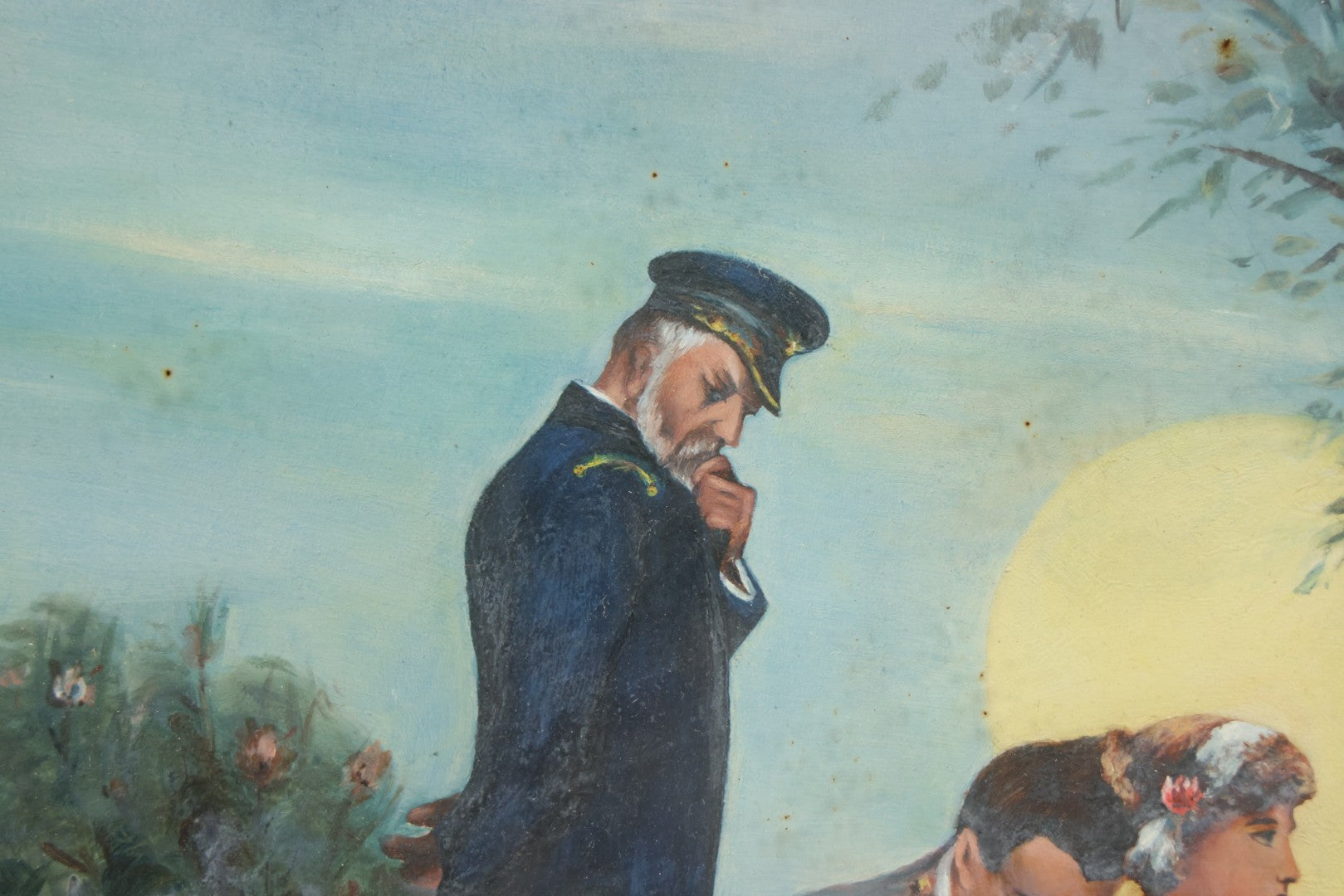 Lot 029 - Antique Ealry 20th Century Romantic Genre Scene Oil On Board, Sailor And Couple At Moonlit Seaside With Naval Officer, In Gilt Frame, 23-3/8" x 19-1/2"