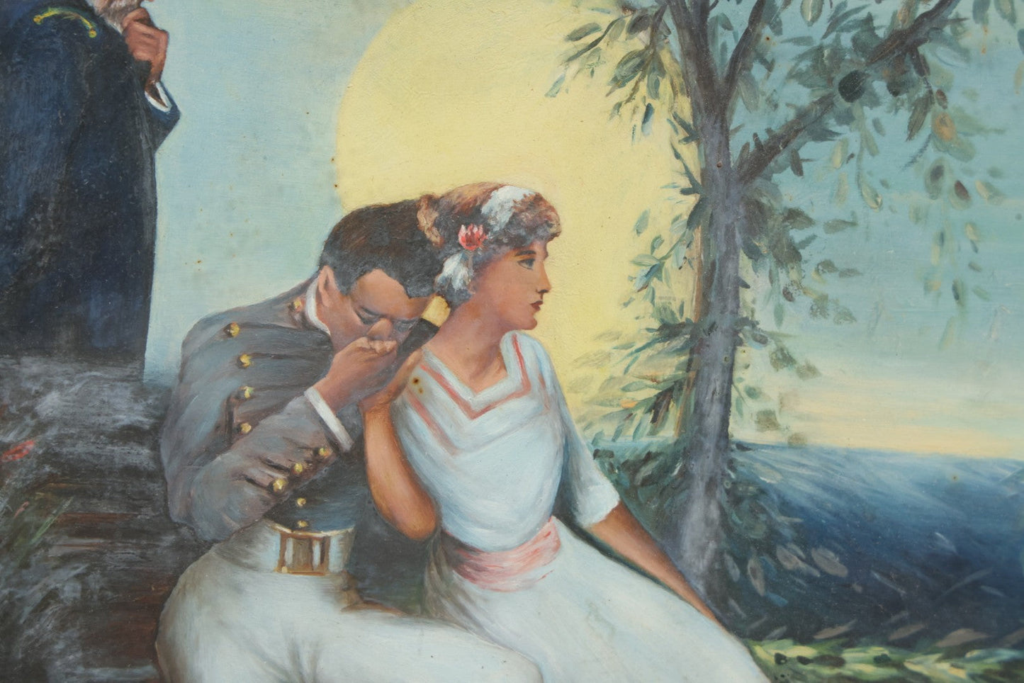 Lot 029 - Antique Ealry 20th Century Romantic Genre Scene Oil On Board, Sailor And Couple At Moonlit Seaside With Naval Officer, In Gilt Frame, 23-3/8" x 19-1/2"
