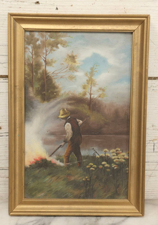 Lot 030 - Antique Early 20th Century Genre Scene Oil On Board After Popular Image, Man Burning Brush, In Gilt Frame, 8-5/8" x 12-1/2"