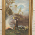 Lot 030 - Antique Early 20th Century Genre Scene Oil On Board After Popular Image, Man Burning Brush, In Gilt Frame, 8-5/8" x 12-1/2"