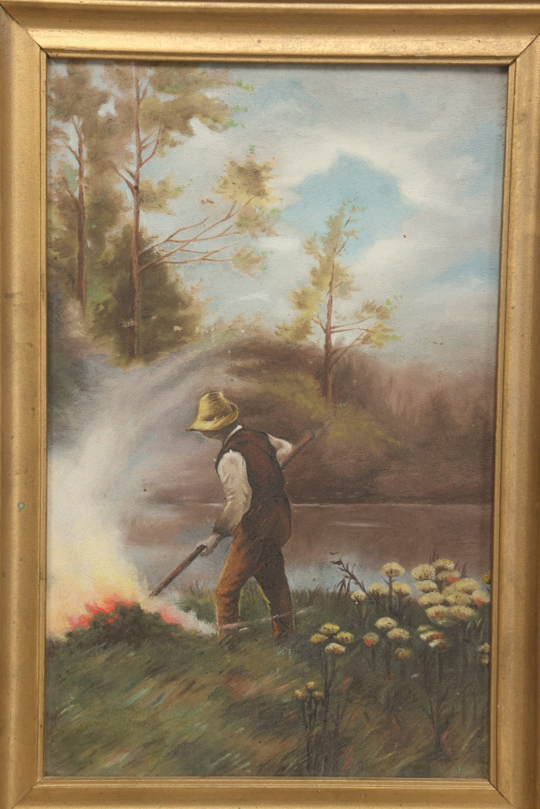 Lot 030 - Antique Early 20th Century Genre Scene Oil On Board After Popular Image, Man Burning Brush, In Gilt Frame, 8-5/8" x 12-1/2"