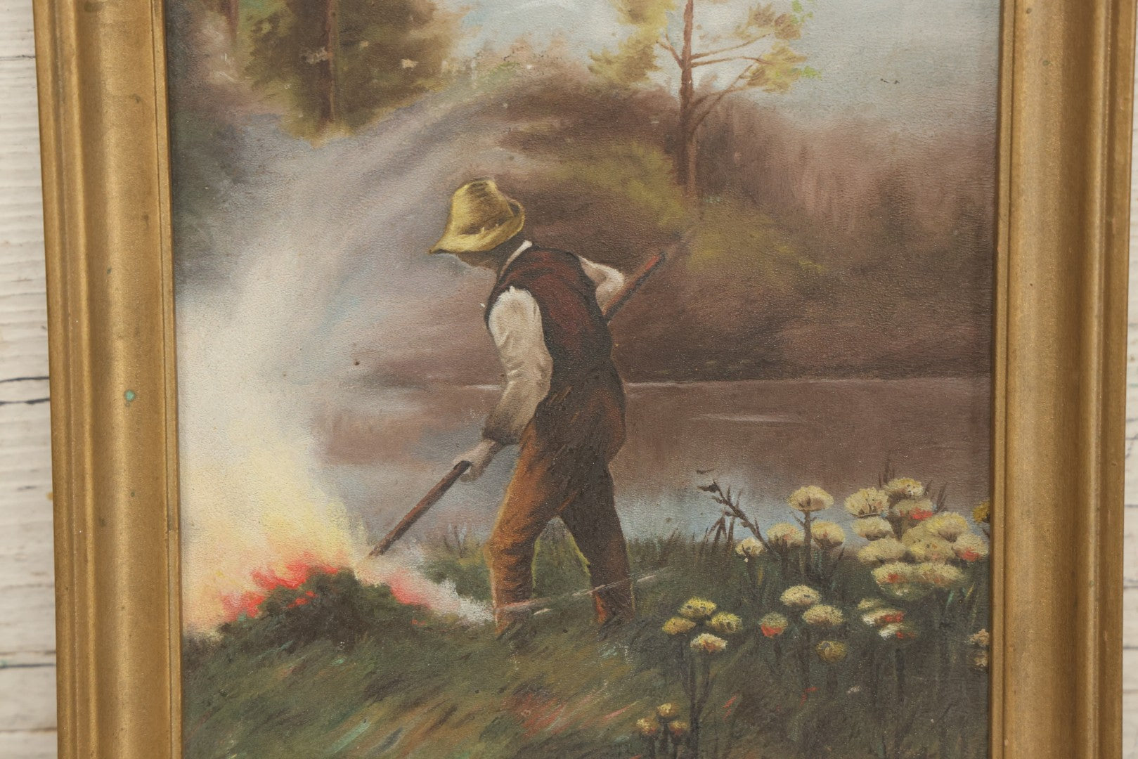 Lot 030 - Antique Early 20th Century Genre Scene Oil On Board After Popular Image, Man Burning Brush, In Gilt Frame, 8-5/8" x 12-1/2"