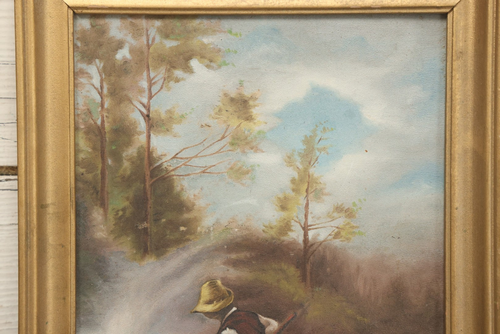 Lot 030 - Antique Early 20th Century Genre Scene Oil On Board After Popular Image, Man Burning Brush, In Gilt Frame, 8-5/8" x 12-1/2"