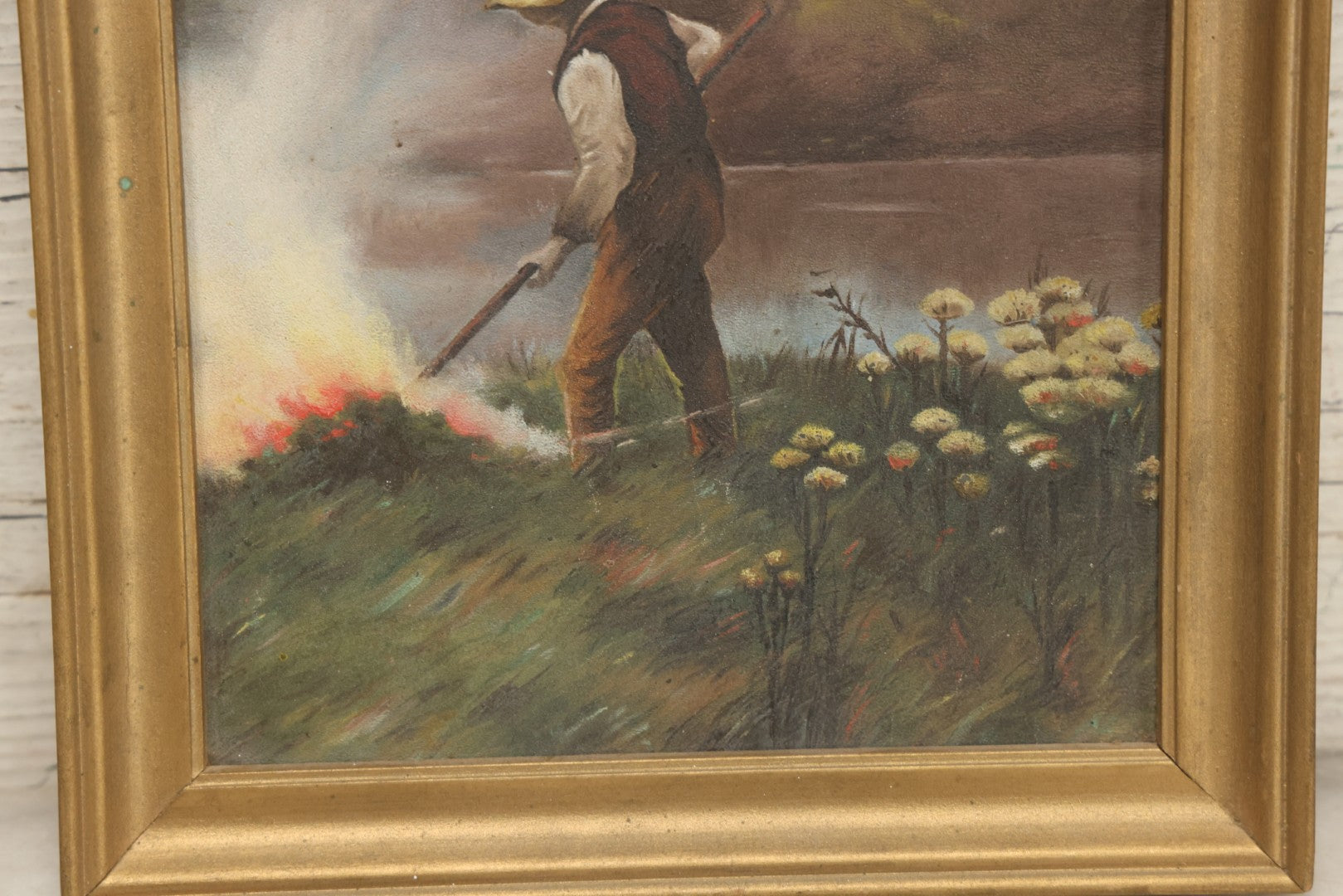 Lot 030 - Antique Early 20th Century Genre Scene Oil On Board After Popular Image, Man Burning Brush, In Gilt Frame, 8-5/8" x 12-1/2"