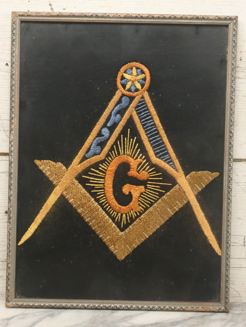Lot 031 - Vintage Framed Masonic Hand-Embroidered Square And Compasses Emblem With Letter “G," 12-3/4" x 16-3/4"