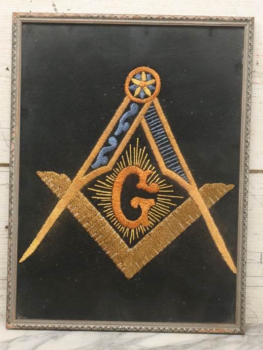 Lot 031 - Vintage Framed Masonic Hand-Embroidered Square And Compasses Emblem With Letter “G," 12-3/4" x 16-3/4"