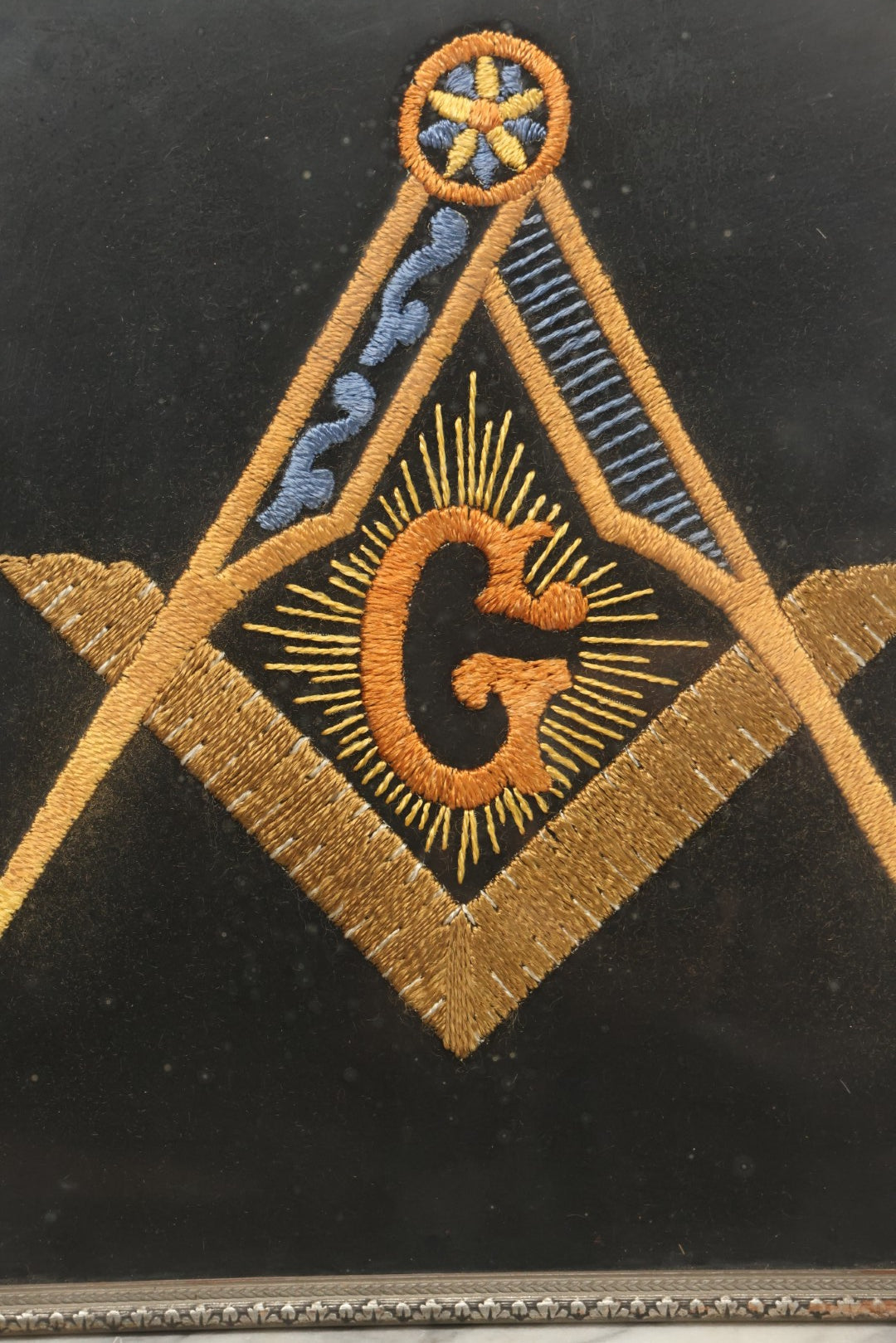 Lot 031 - Vintage Framed Masonic Hand-Embroidered Square And Compasses Emblem With Letter “G," 12-3/4" x 16-3/4"