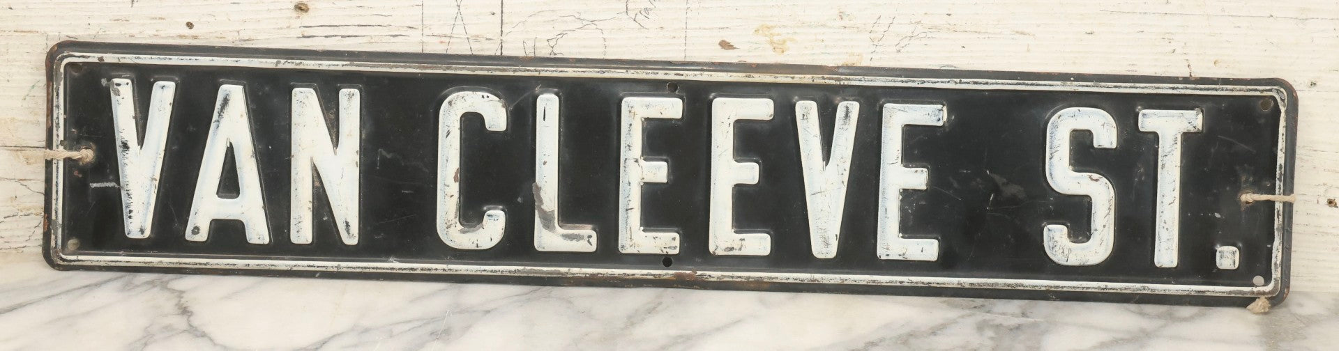 Lot 033 - Vintage Pressed Metal Street Sign "Van Cleeve St." With Raised White Lettering, 24" x 4-1/2"