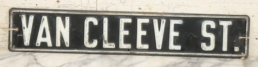 Lot 033 - Vintage Pressed Metal Street Sign "Van Cleeve St." With Raised White Lettering, 24" x 4-1/2"