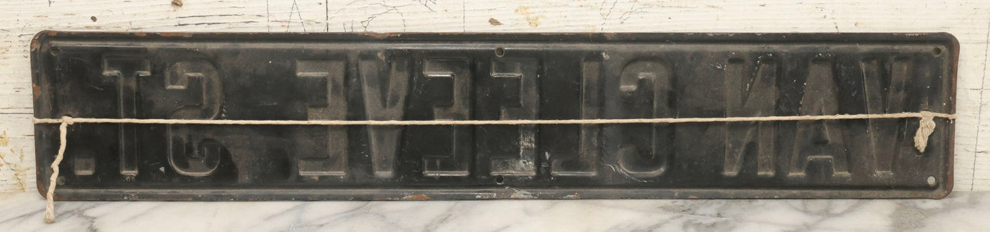 Lot 033 - Vintage Pressed Metal Street Sign "Van Cleeve St." With Raised White Lettering, 24" x 4-1/2"
