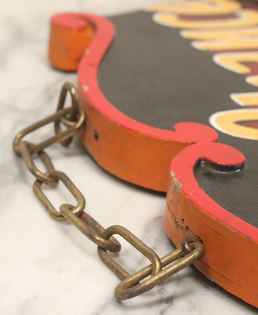 Lot 034 - Double-Sided Wooden Shield-Form Sign With Raised Letters “Burdett 18 College” And Modern Repurposed Side Painted “Last Chance Saloon," Note Missing Corner Scroll Piece And Large Crack In Other Scroll Corner, 25-1/2" x 26"