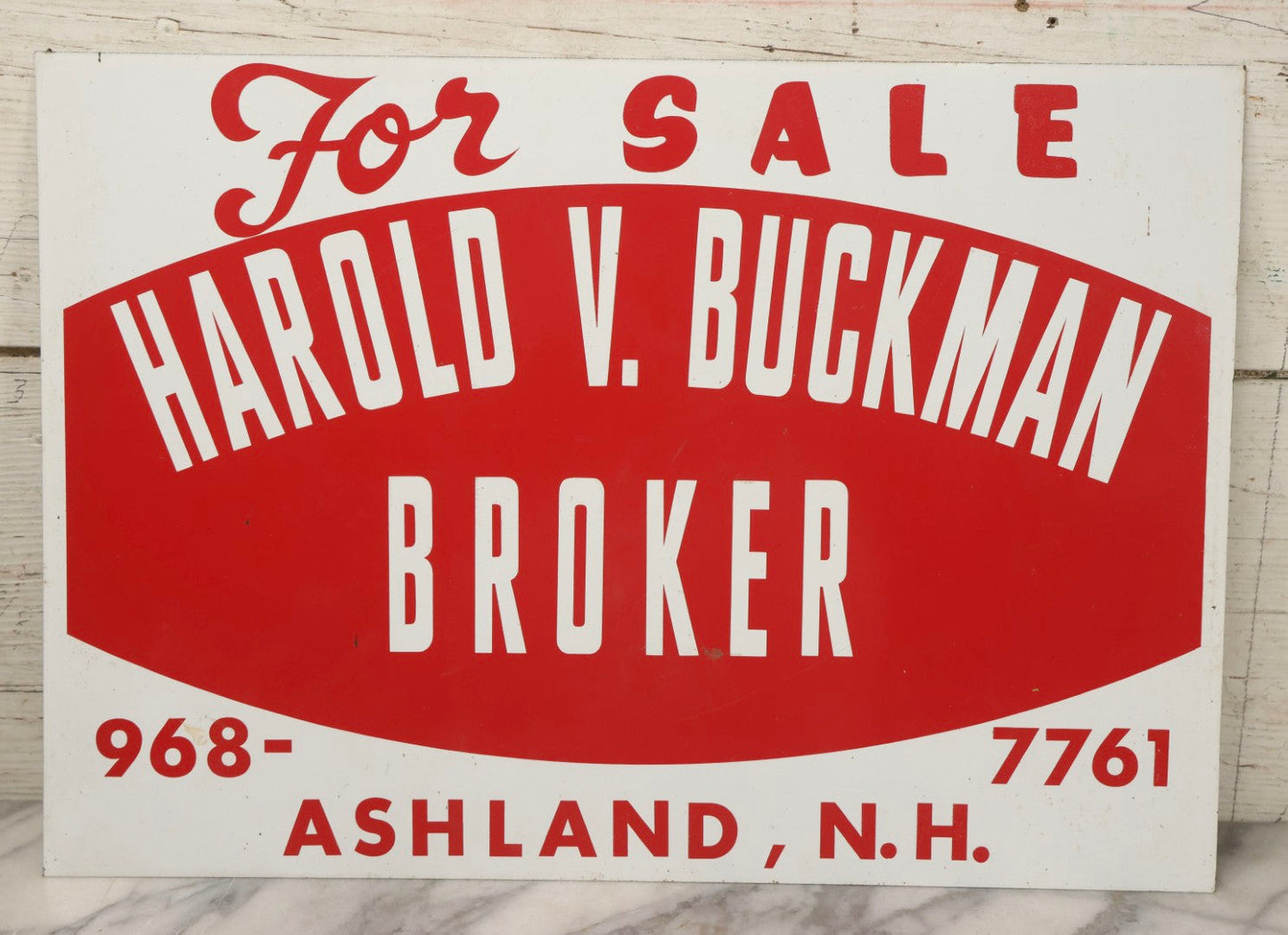 Lot 039 - Vintage “For Sale Harold V. Buckman Broker, Ashland, Nh” Metal Sign, 20-1/4" x 14-1/8"