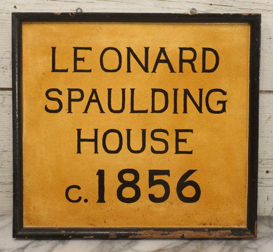 Lot 040 - Vintage Yellow “Leonard Spaulding House c. 1856” Painted Wooden Board Sign, Chelmsford, Massachusetts, 14-7/8" x 13-5/8"