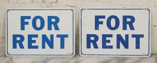 Lot 044 - Pair Of Vintage “For Rent” Metal Signs, Blue Text On White Field, 7" x 10"