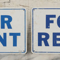 Lot 044 - Pair Of Vintage “For Rent” Metal Signs, Blue Text On White Field, 7" x 10"