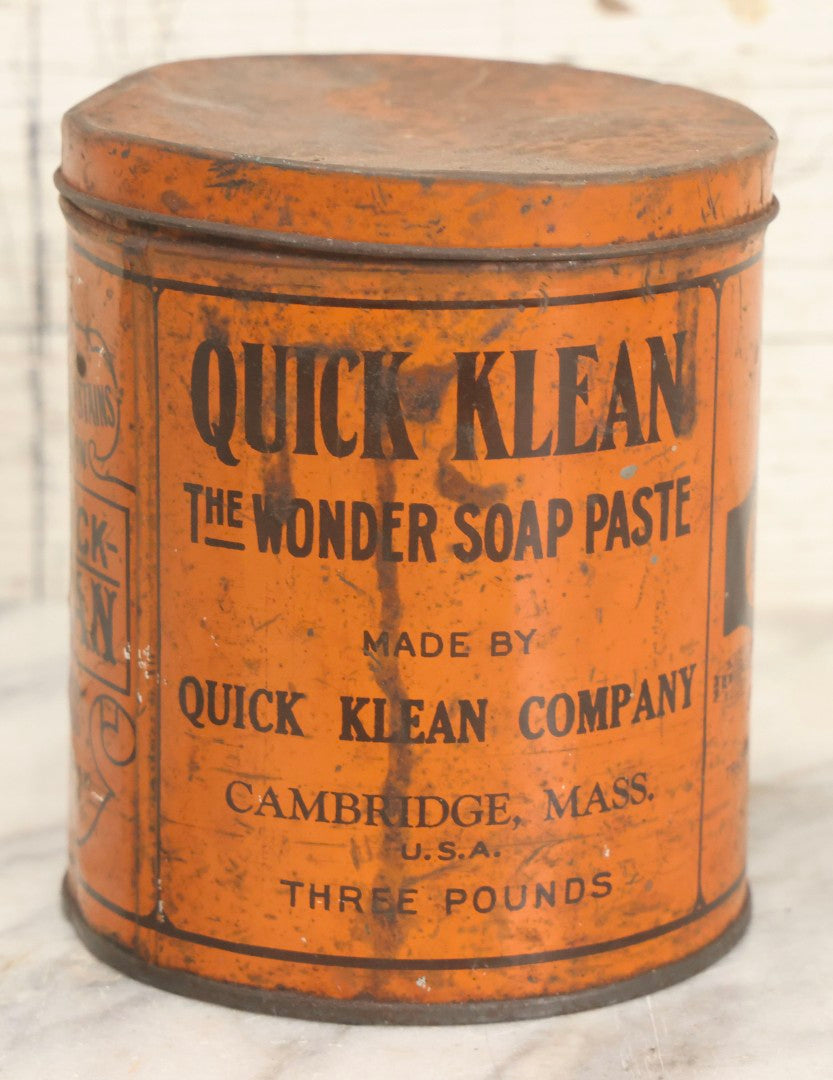Lot 047 - Vintage Quick Klean "The Wonder Soap Paste" Lithographed Advertising Tin, Quick Klean Company, Cambridge, Massachusetts, 5" H