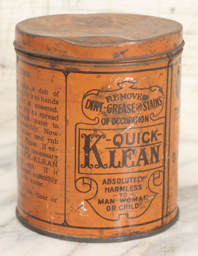 Lot 047 - Vintage Quick Klean "The Wonder Soap Paste" Lithographed Advertising Tin, Quick Klean Company, Cambridge, Massachusetts, 5" H