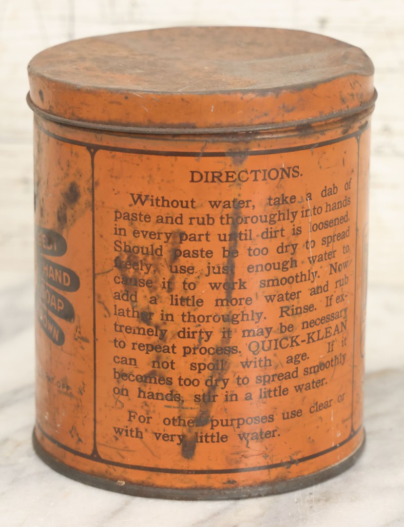 Lot 047 - Vintage Quick Klean "The Wonder Soap Paste" Lithographed Advertising Tin, Quick Klean Company, Cambridge, Massachusetts, 5" H