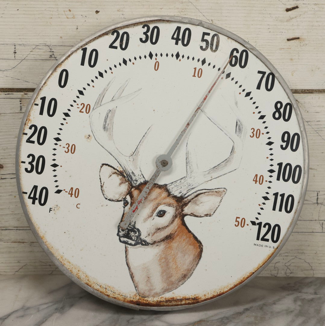 Lot 048 - Vintage "The Original Jumbo Dial" Advertising Thermometer Sign With Deer Illustration, By The Ohio Thermometer Co., U.S.A.., 12" Diameter