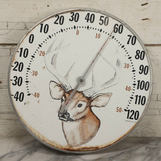 Lot 048 - Vintage "The Original Jumbo Dial" Advertising Thermometer Sign With Deer Illustration, By The Ohio Thermometer Co., U.S.A.., 12" Diameter