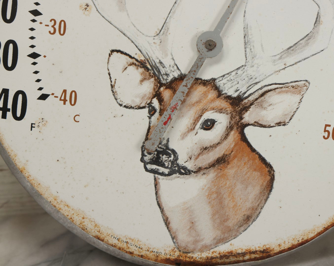 Lot 048 - Vintage "The Original Jumbo Dial" Advertising Thermometer Sign With Deer Illustration, By The Ohio Thermometer Co., U.S.A.., 12" Diameter