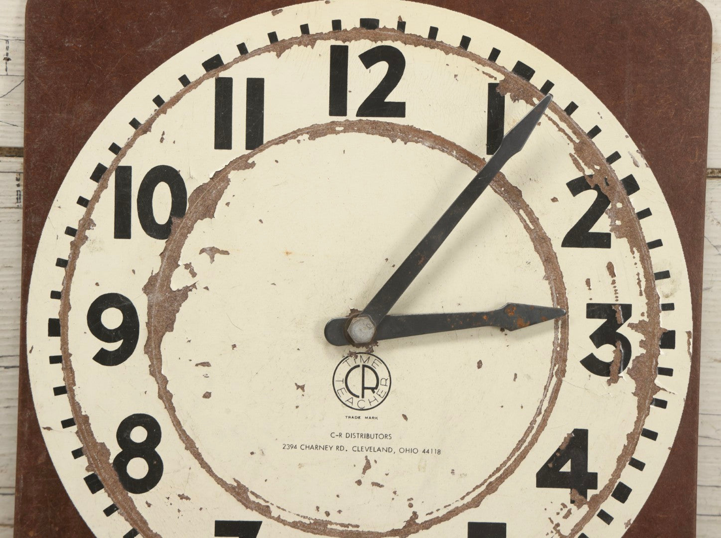 Lot 049 - Vintage “Time Teacher” Clock Face With Hands On Pressed Board By C-R Distributors, Cleveland, Ohio, 11-7/8" x 11-7/8"