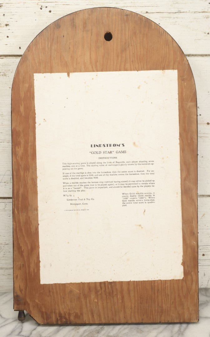 Lot 050 - Vintage "Lindstrom's Gold Star Game" Tabletop Marble Pinball Game, Manufactured By Lindstrom Tool & Toy Co., Bridgeport, Connecticut, 1933, 14-1/4" x 24"