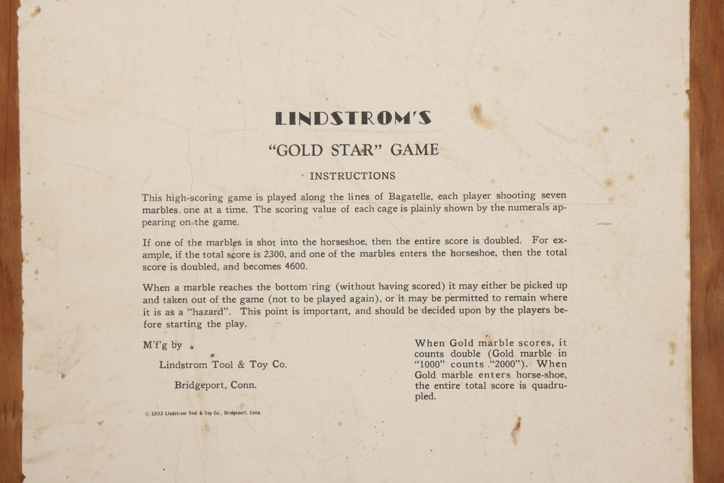 Lot 050 - Vintage "Lindstrom's Gold Star Game" Tabletop Marble Pinball Game, Manufactured By Lindstrom Tool & Toy Co., Bridgeport, Connecticut, 1933, 14-1/4" x 24"