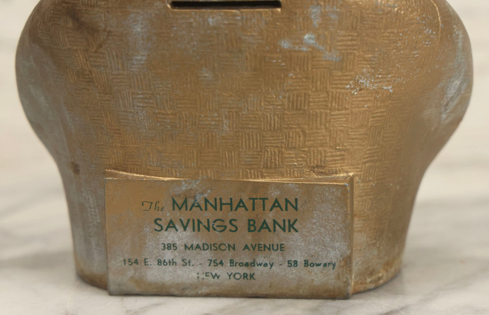 Lot 051 - Vintage Painted Pot Metal Sleeping Santa Claus Christmas Still Coin Bank Advertising Manhattan Savings Bank, New York, New York, 6-1/4" H