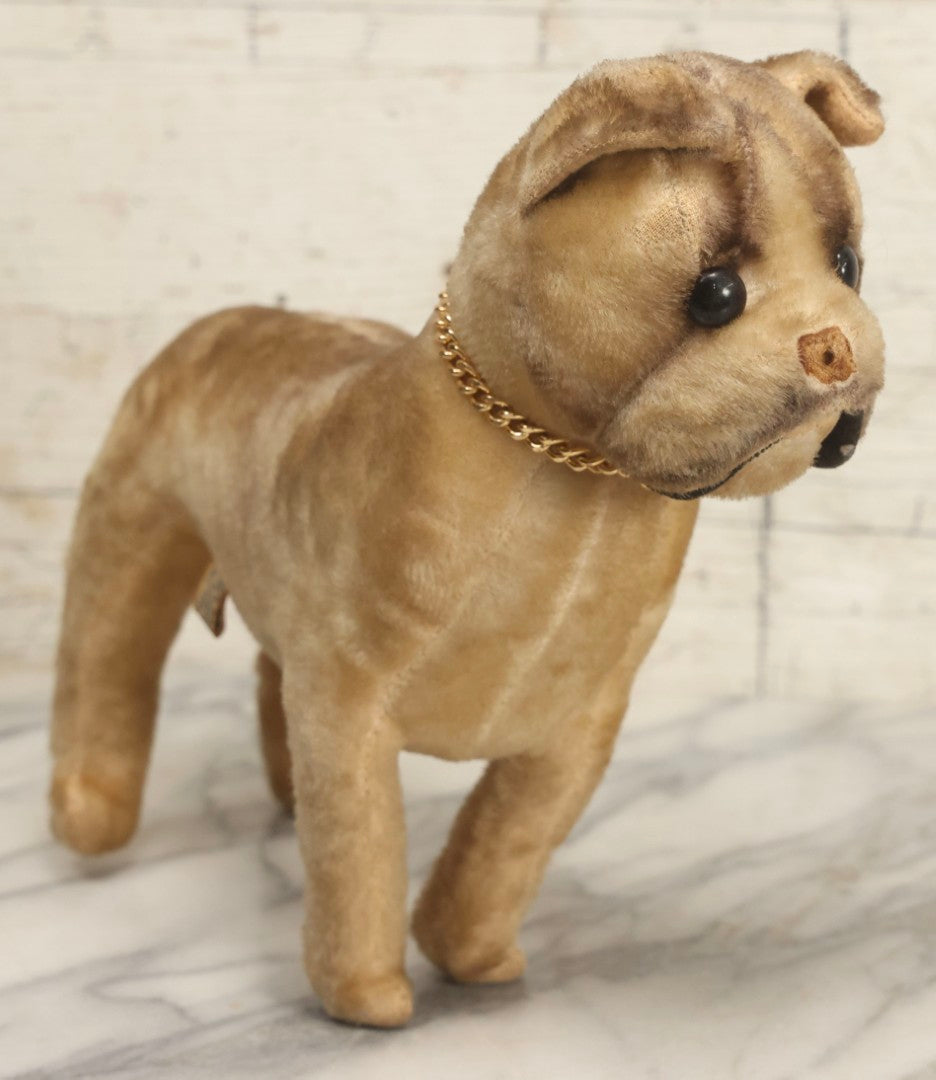 Lot 053 - Vintage Plush Bulldog Stuffed Animal Toy With Brass Chain Necklace, Manufactured By R. Dakin & Co., San Francisco, California, Product Of Japan, 10" L