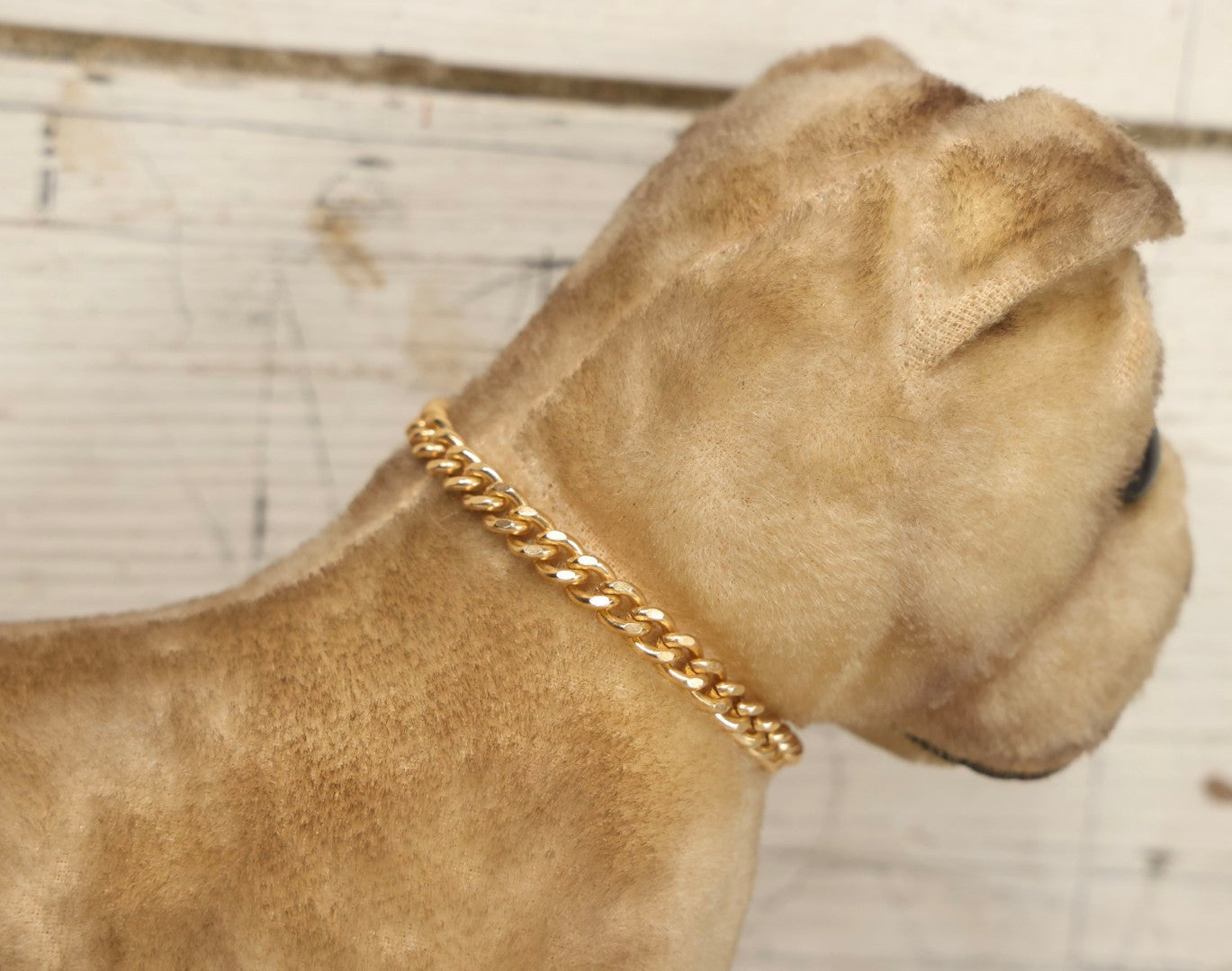 Lot 053 - Vintage Plush Bulldog Stuffed Animal Toy With Brass Chain Necklace, Manufactured By R. Dakin & Co., San Francisco, California, Product Of Japan, 10" L