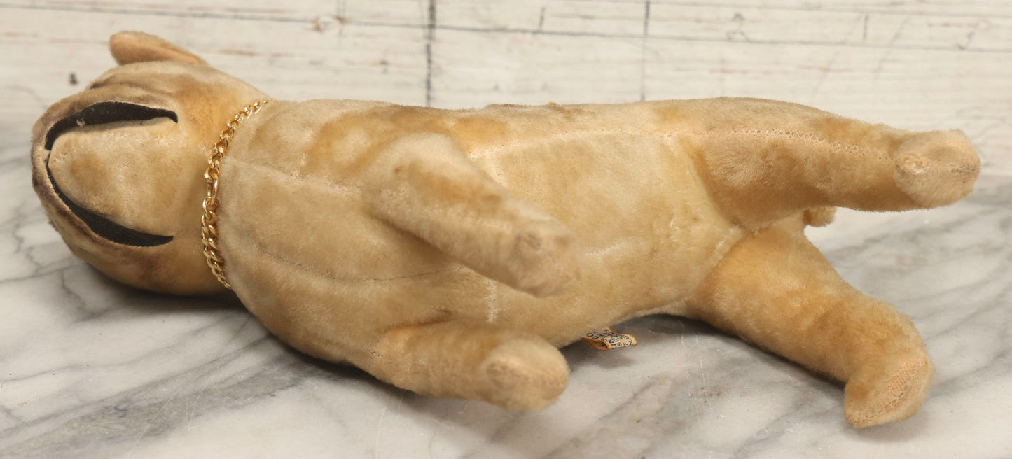 Lot 053 - Vintage Plush Bulldog Stuffed Animal Toy With Brass Chain Necklace, Manufactured By R. Dakin & Co., San Francisco, California, Product Of Japan, 10" L