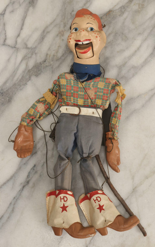 Lot 054 - Vintage Howdy Doody Marionette Puppet Ventriloquist Dummy With Composition Head, Hands, And Feet, Tangled Strings, Doll 17" H