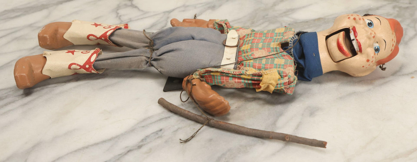 Lot 054 - Vintage Howdy Doody Marionette Puppet Ventriloquist Dummy With Composition Head, Hands, And Feet, Tangled Strings, Doll 17" H